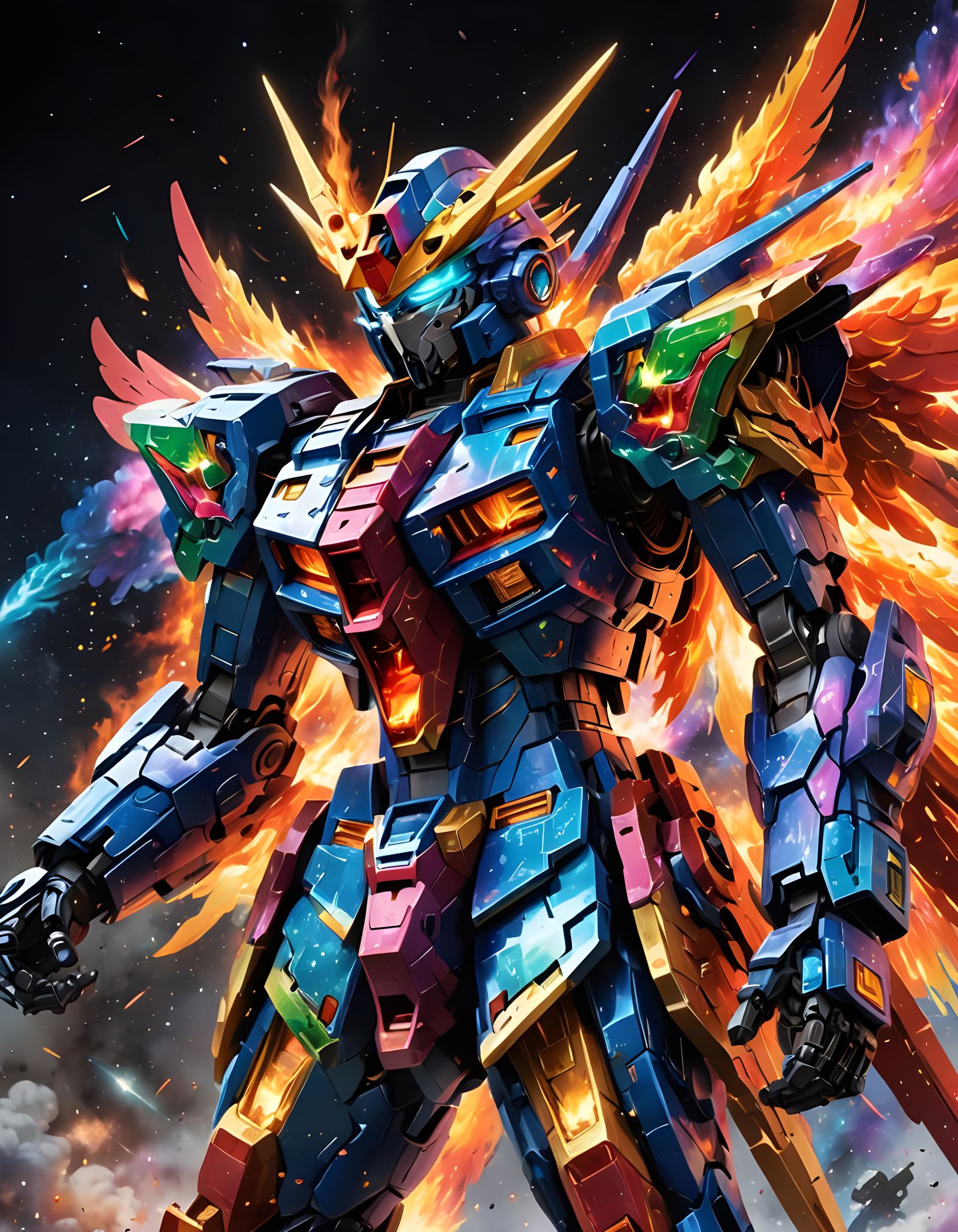 Gundam and Rainbow Phoenix Fusion in Anime Style