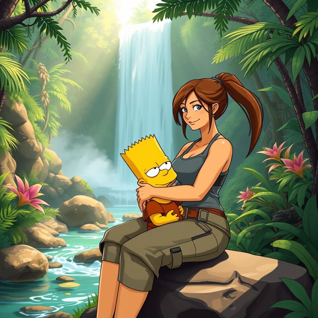 Lara Croft and Bart Simpson in Lush Jungle Oasis