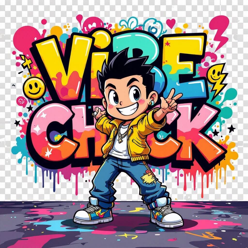 Vibrant Cartoon Character with Graffiti and Neon Doodles