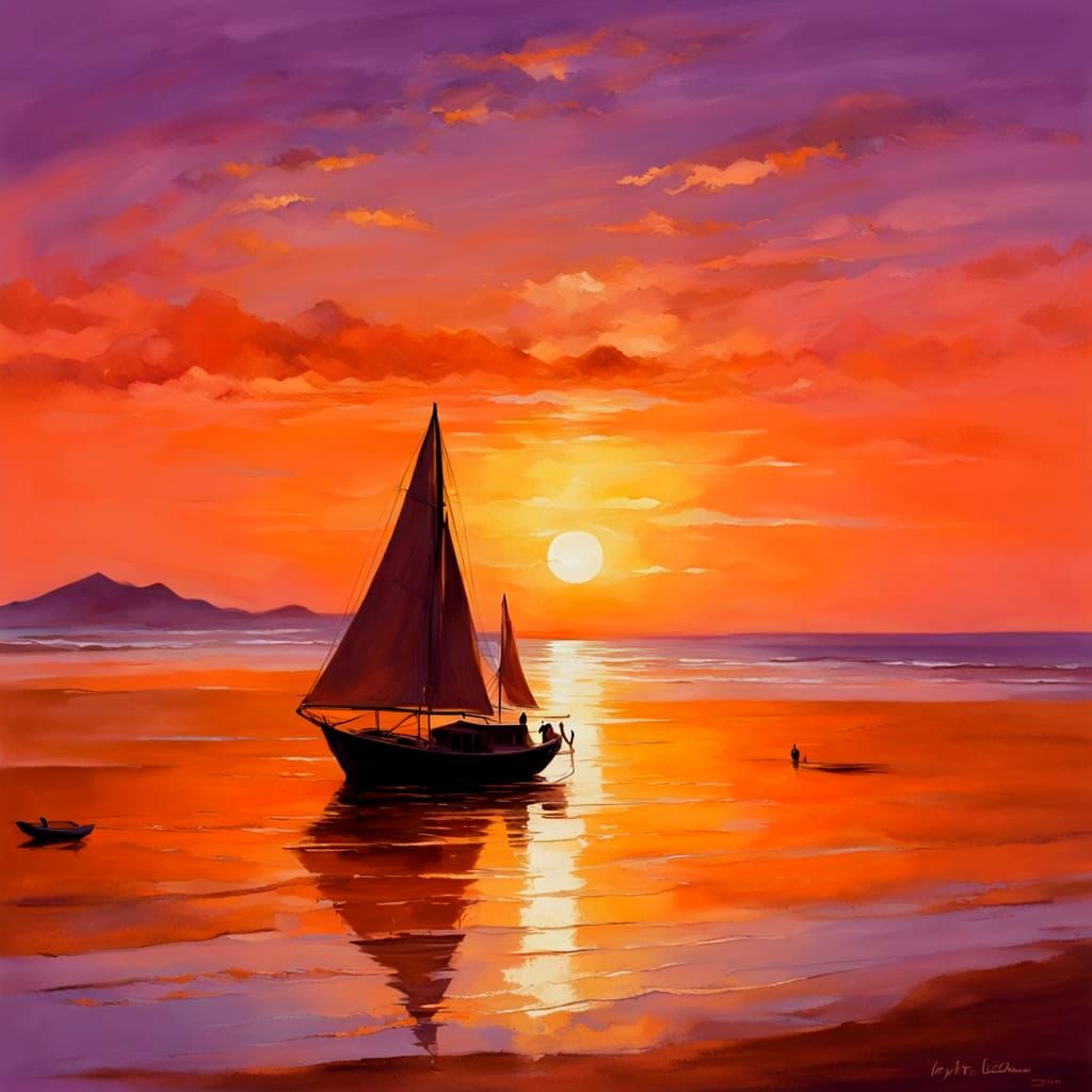 Surreal Orange Sunset over a Majestic Purple Ocean