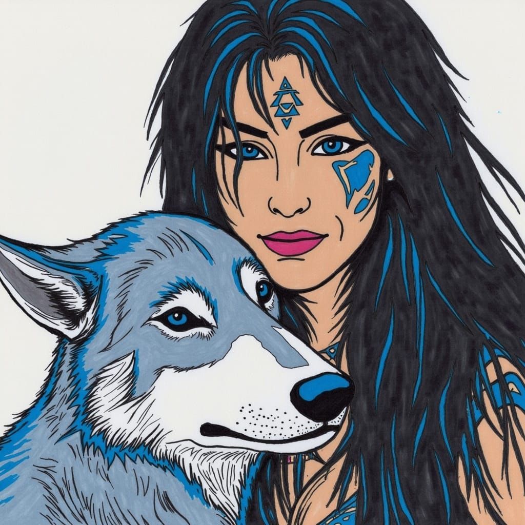 Tattooed Shaman Woman with Wolf in Cyberpunk Style
