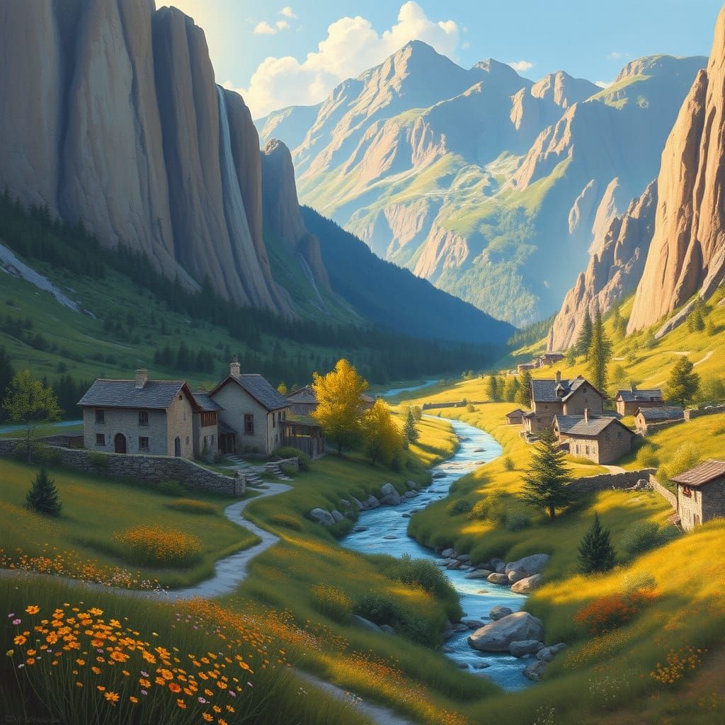 Peaceful Valley Village in Warm Afternoon Light