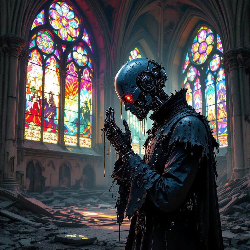 Gothic Android Weeping in Ruined Cathedral