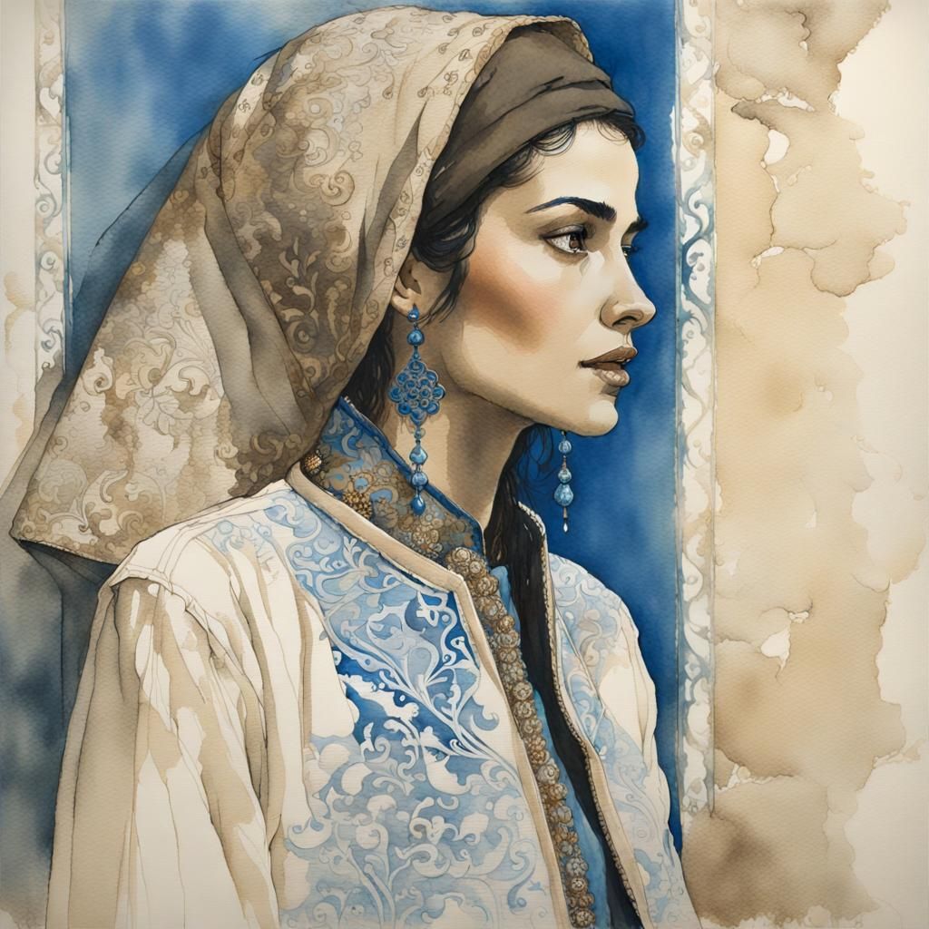 Arabic Woman Portrait in Ink Wash and Watercolor