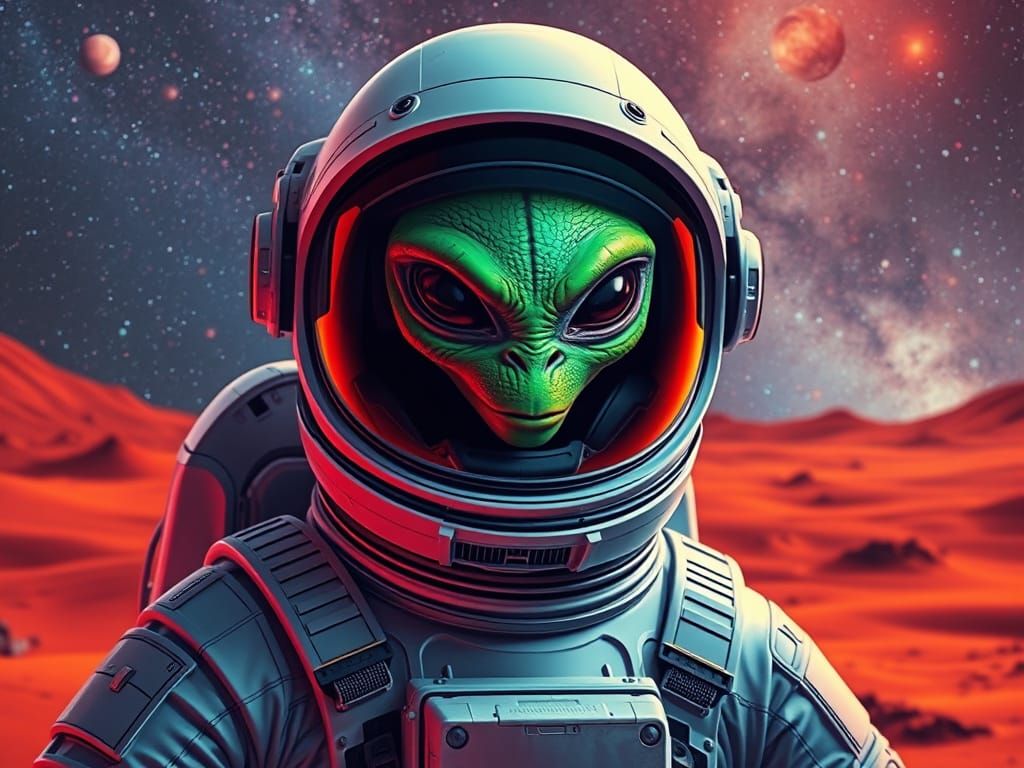 Cosmic Encounter: Space Suit Astronaut Meets Alien on Mars