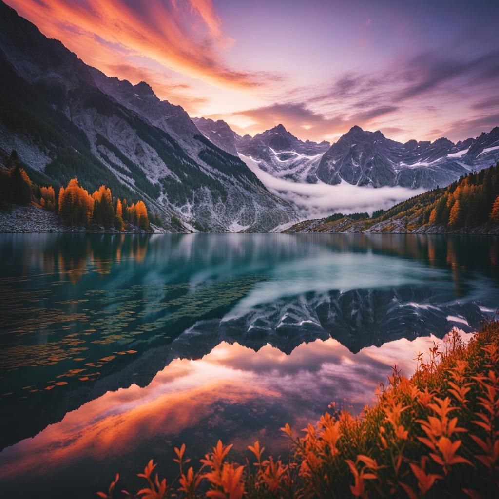 Serene Swiss Alps Lake at Sunset