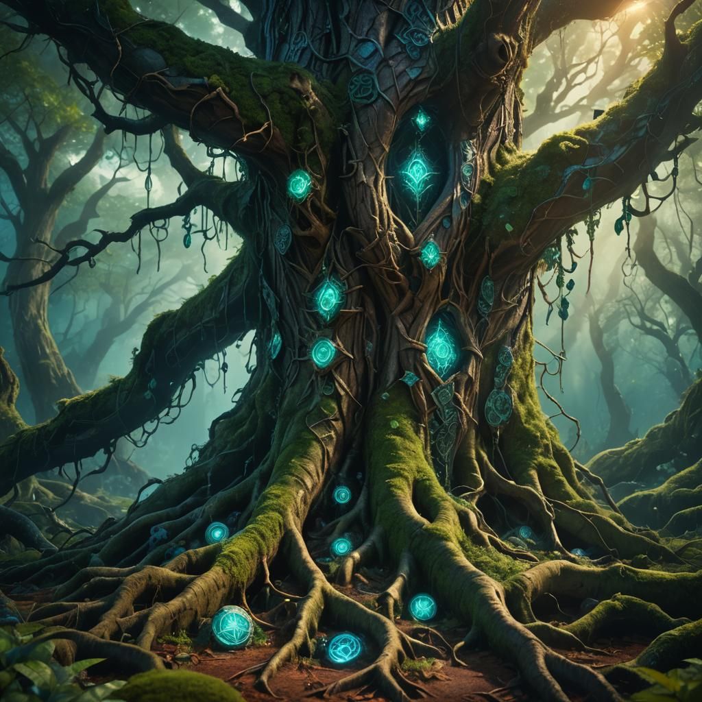 Mystical Tree with Runes in Enchanted Forest