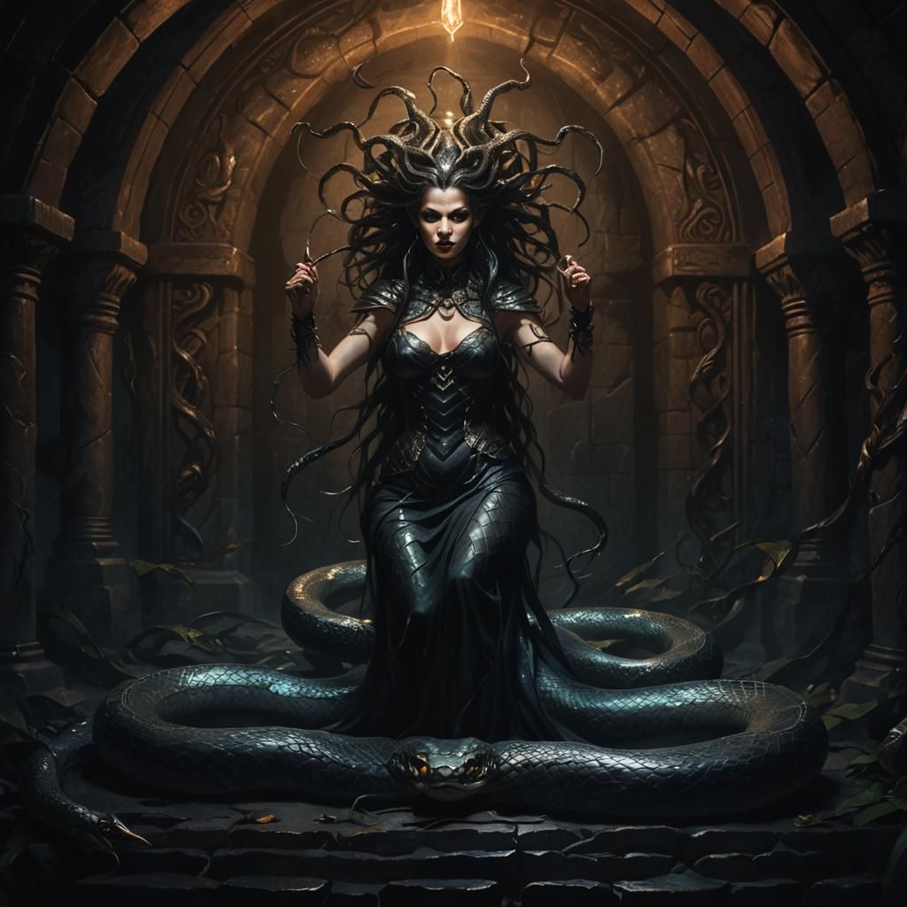 Eerie Snake Woman in Dark Fantasy Illustration