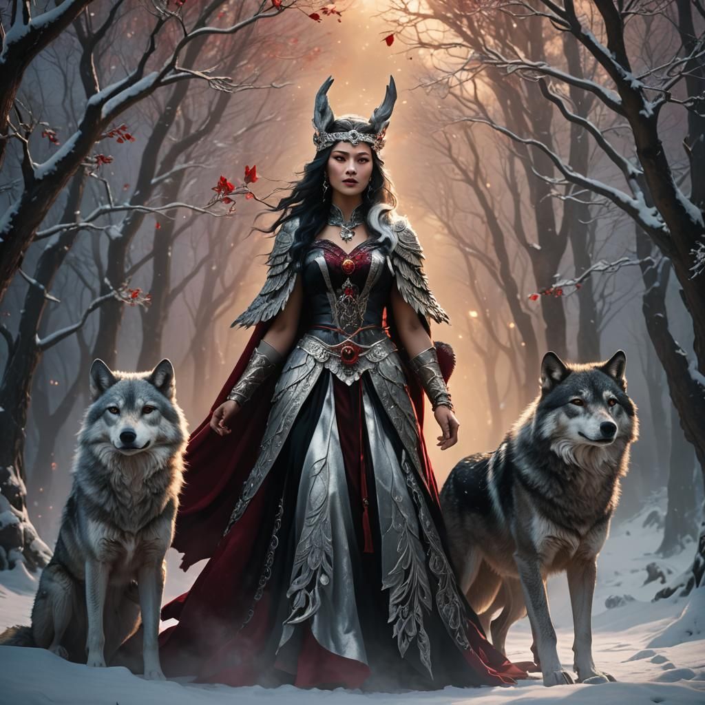 Wolf Goddess Conjuring Magic in a Misty Forest