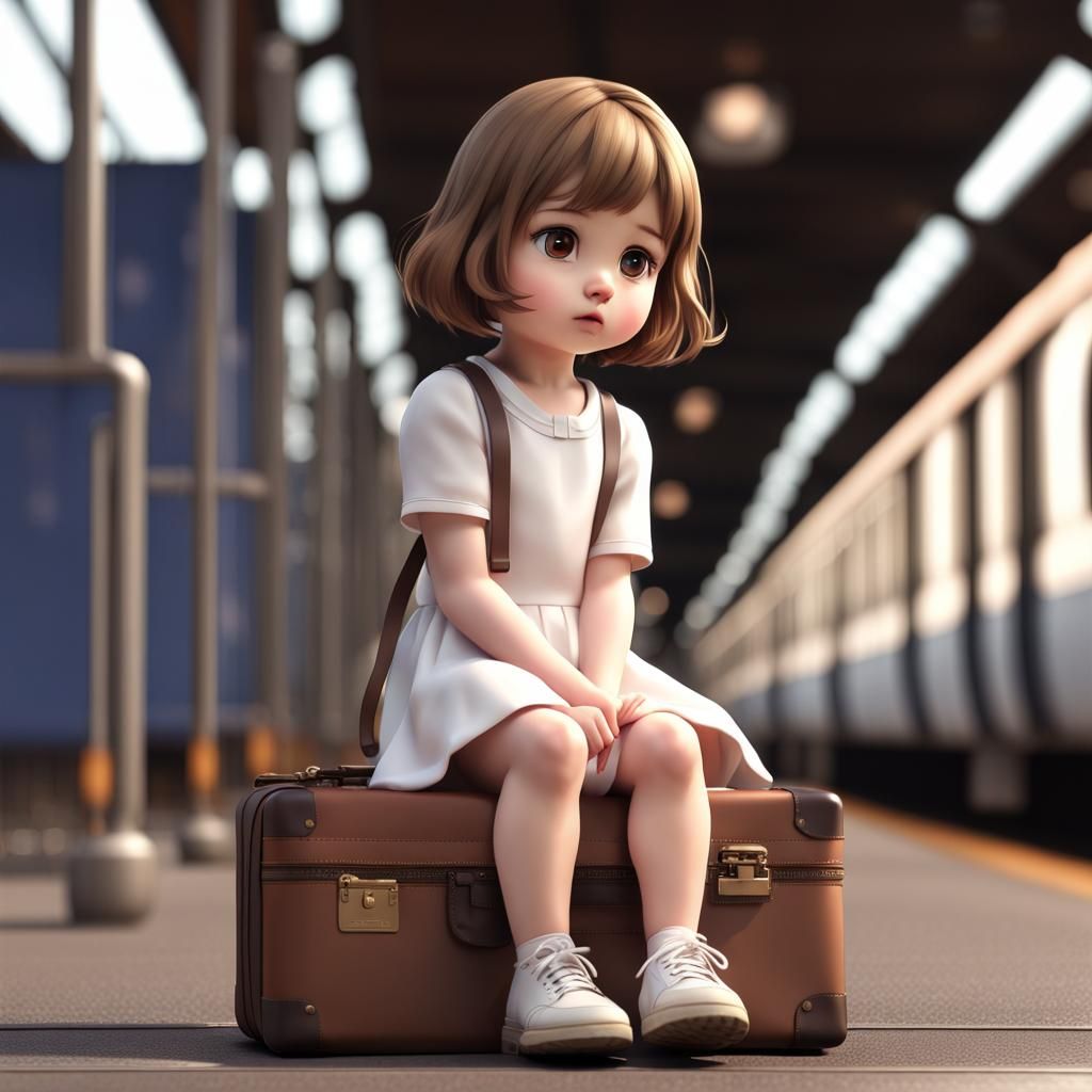 Chibi Girl Waiting at Train Station in Pixar Style