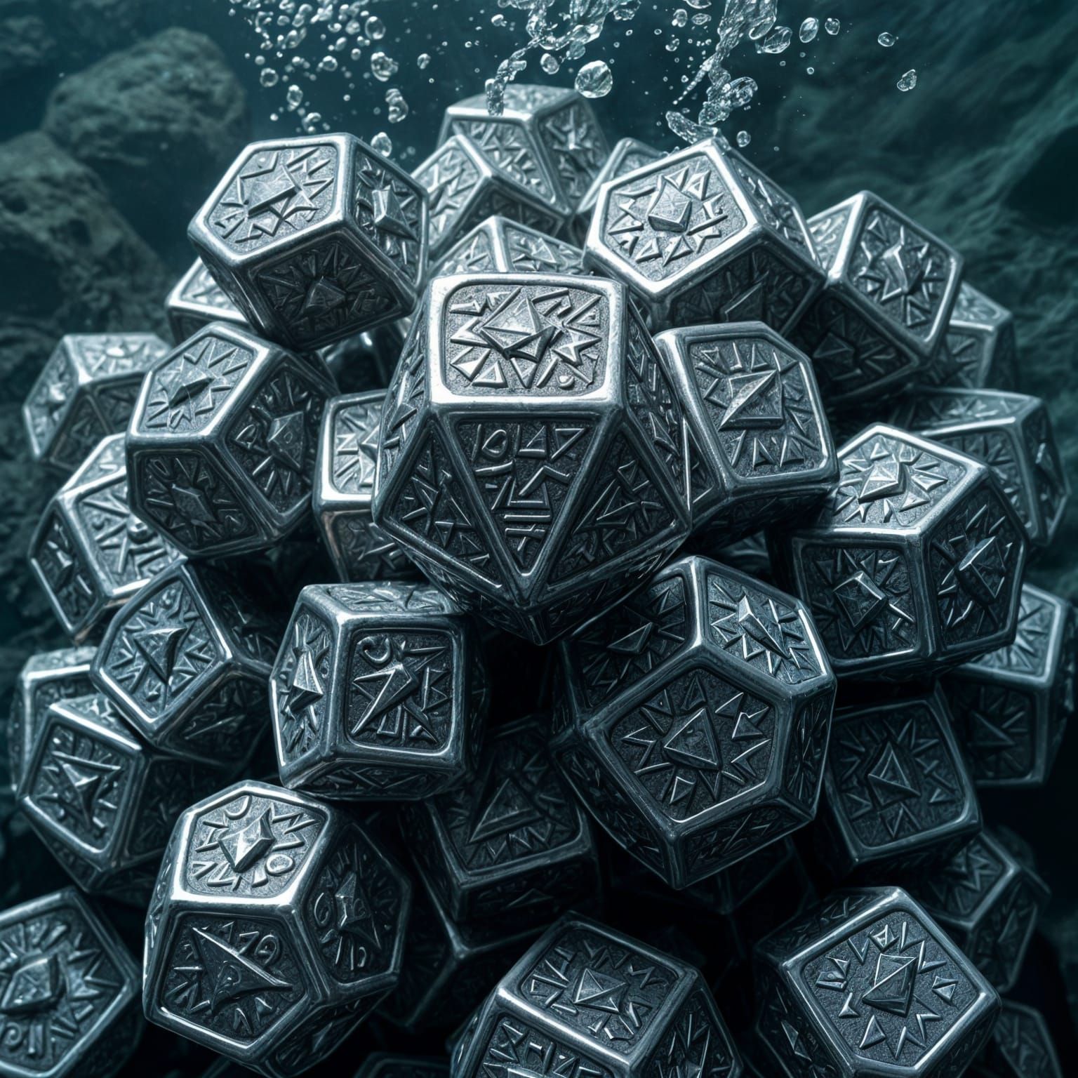 Ancient Silver Polyhedra Pile Underwater