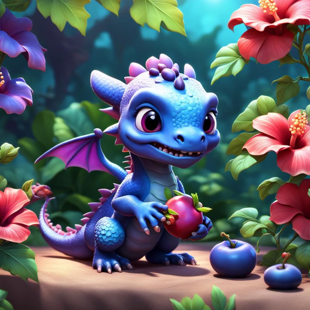 Baby Dragon's Blueberry Feast: 3D Digital Art