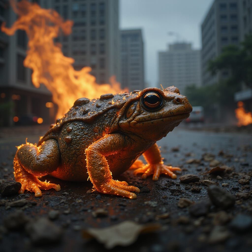 Cyberpunk Cityscape Under Siege by Fiery Toads