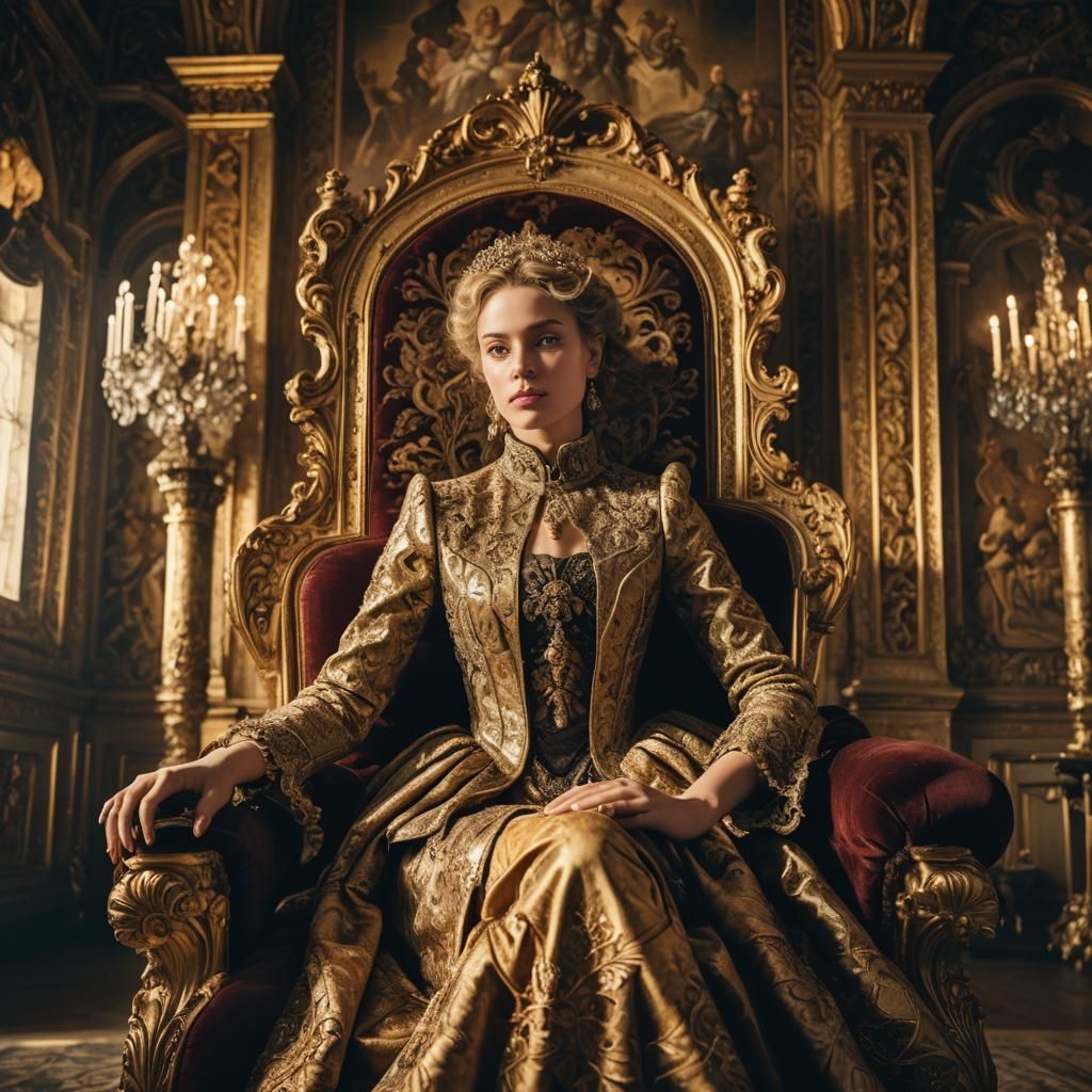 Regal Woman on Throne in Baroque Style