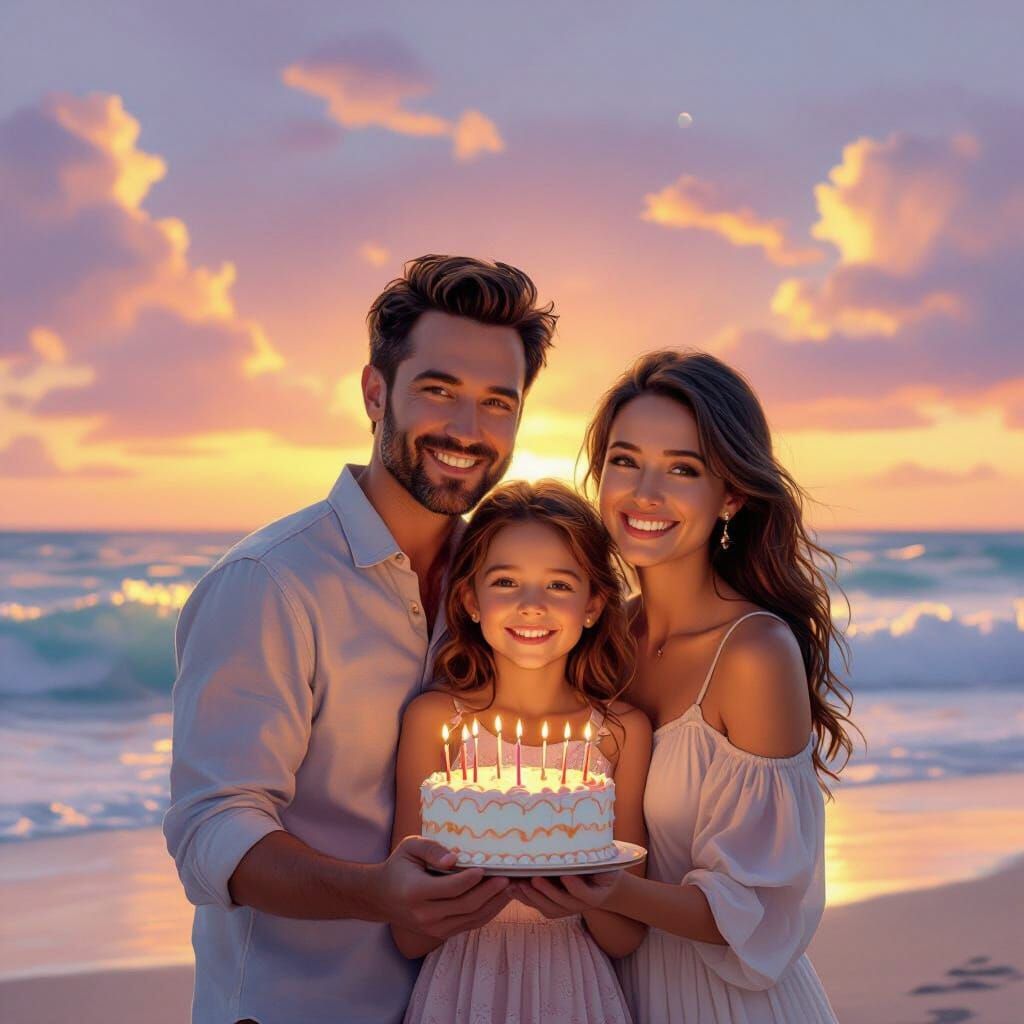 Family Beach Birthday Portrait in Golden Hour Light