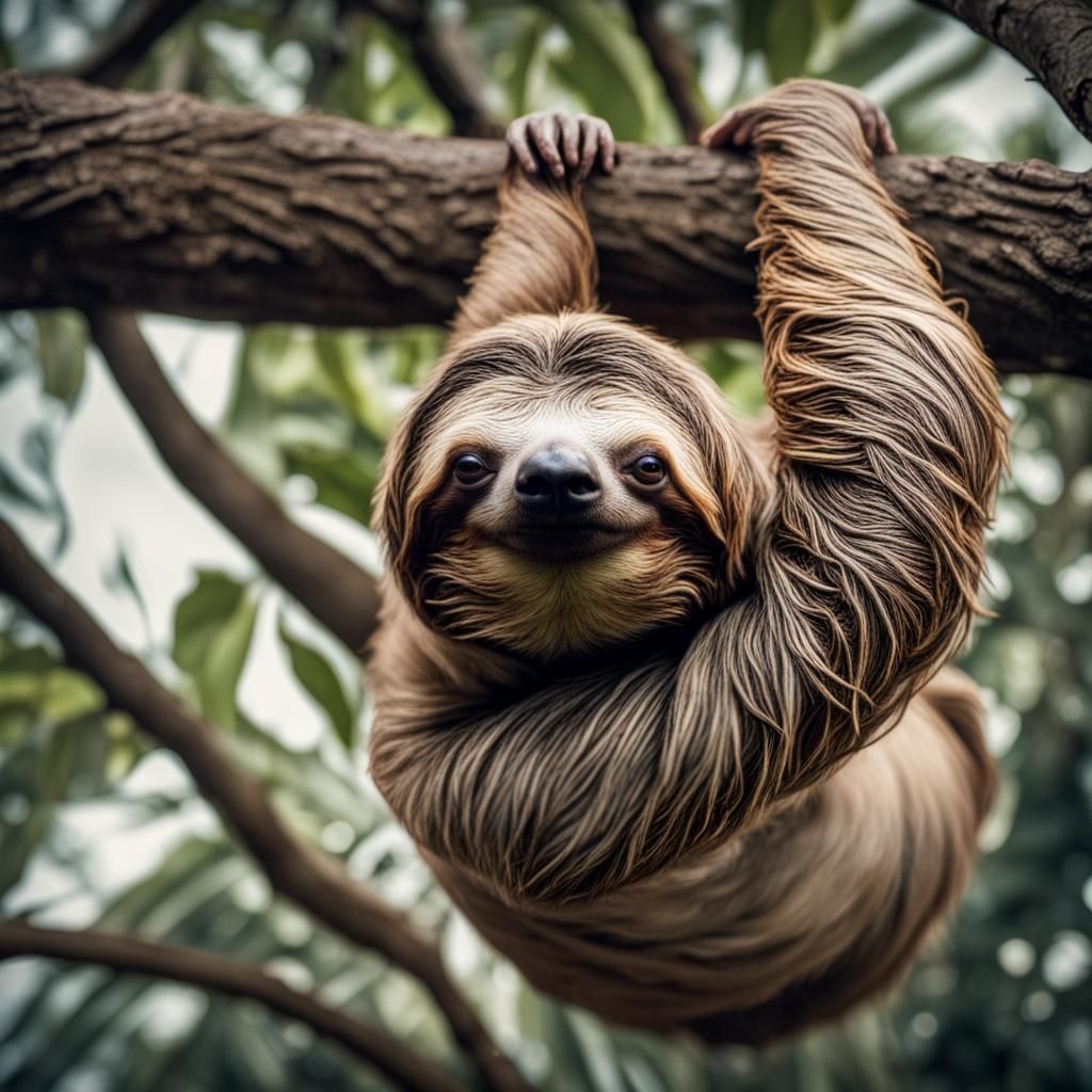 Hyperrealistic Sloth Hanging from a Tree
