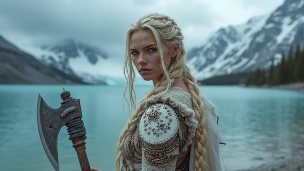 Female Warrior with Red Eyes in Gold Armour by Glacial Lake