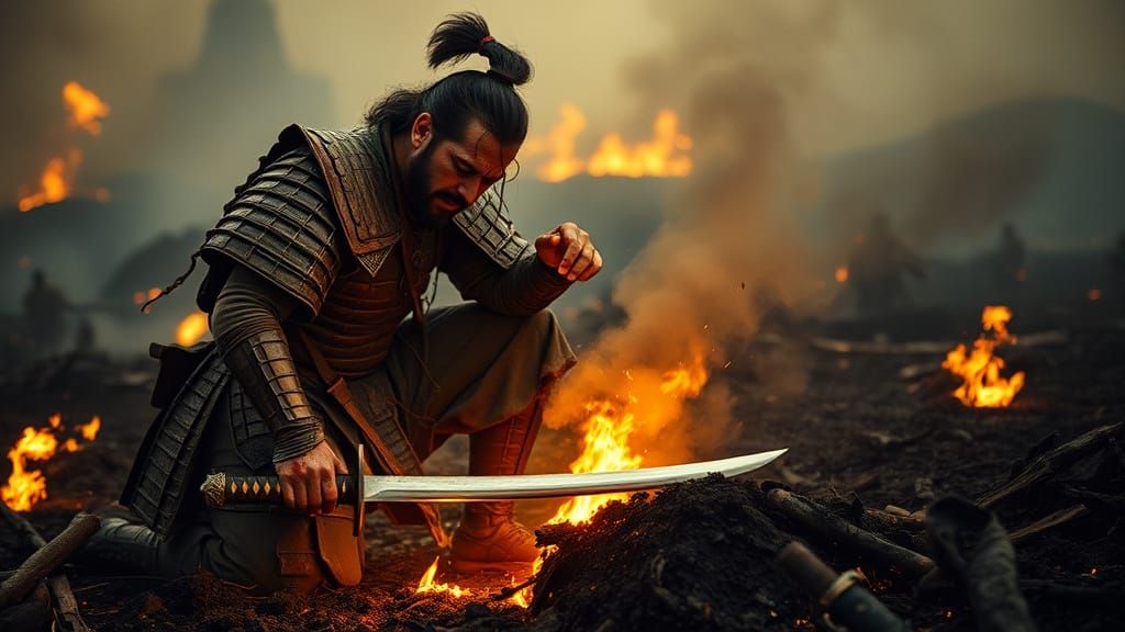 Gritty Samurai on Scorched Battlefield in Cinematic Style