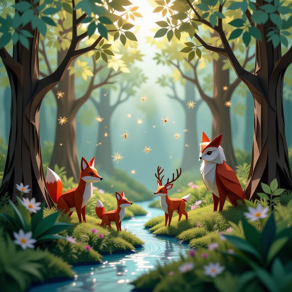 Magical Origami Forest Diorama Art
