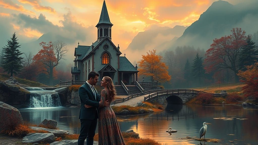 Romantic Sunset Embrace in Autumn Mountains