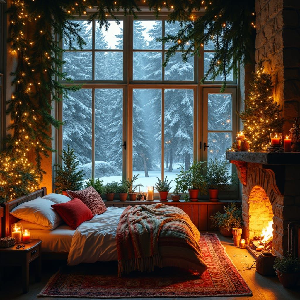 Bohemian Winter Wonderland Sanctuary with Fireplace and Snow...
