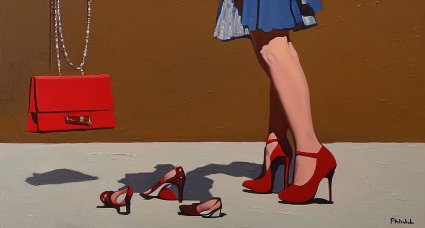Girl and Mother's Heels: Rockwell-Style Oil Painting