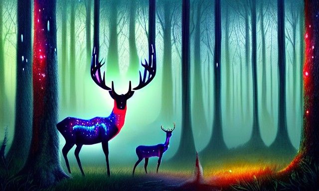 Ethereal Deer in Bioluminescent Forest Digital Illustration