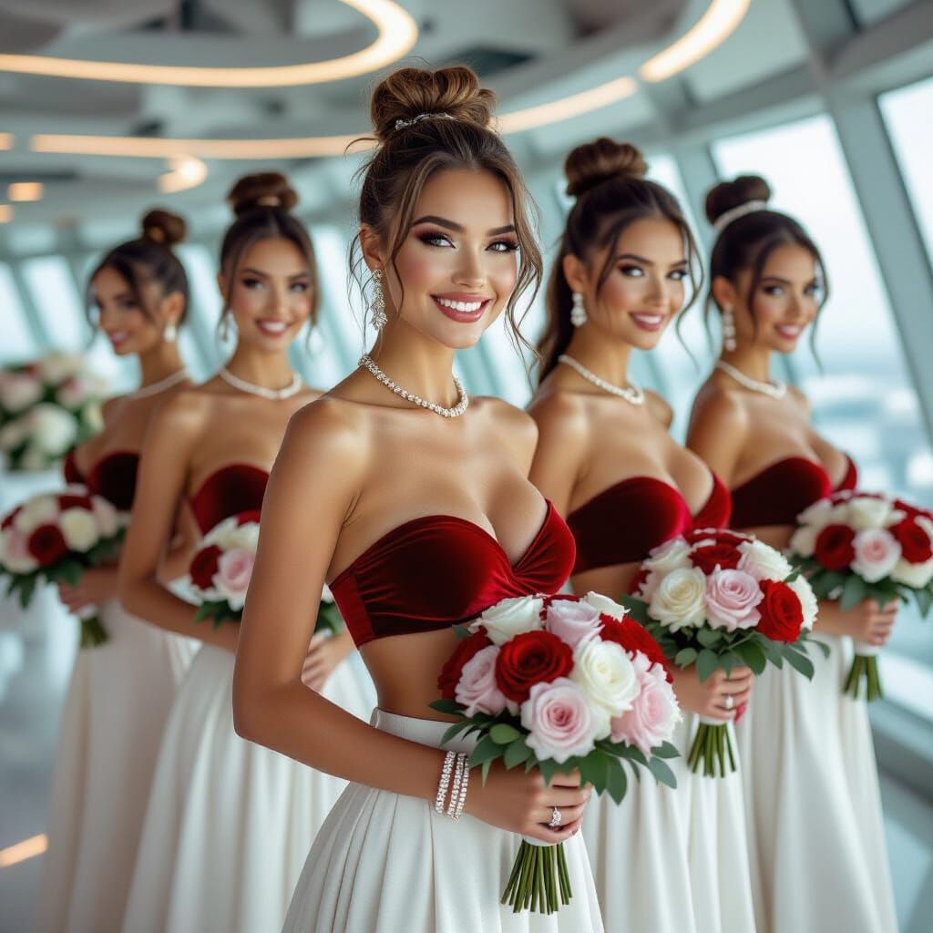 Smiling Women in Velvet, Futuristic Office