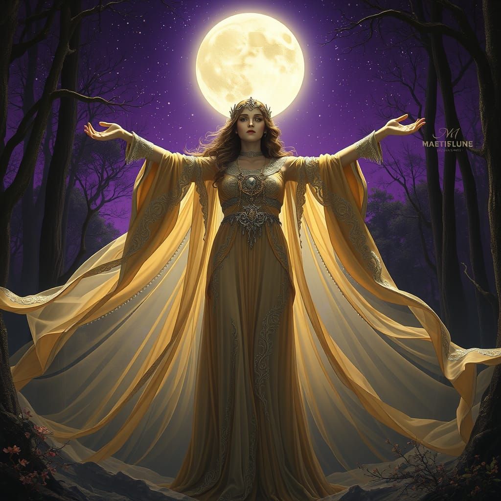 Ancient Priestess in Moonlit Forest, Art Nouveau Style