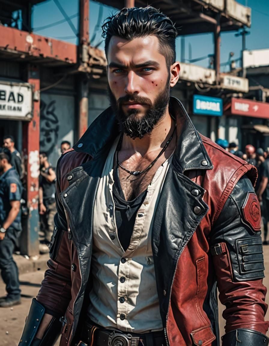 Handsome Cyberpunk Nomad Gunslinger with Cyberwear