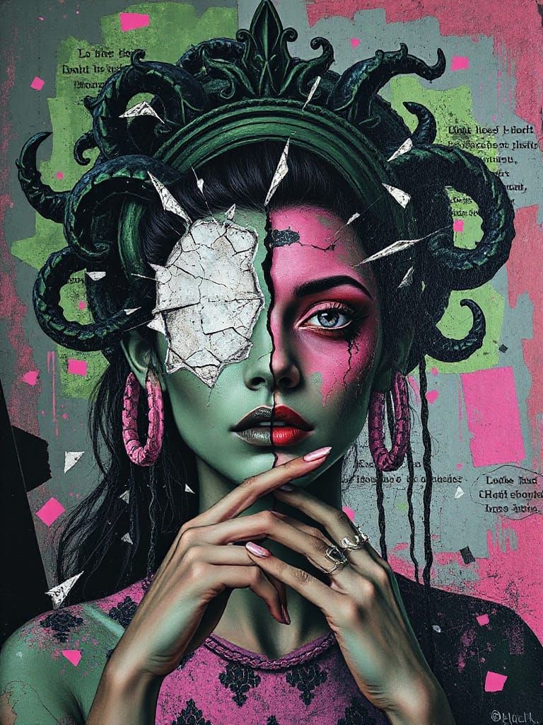 Gothic Collage of Mythological Figures in Impasto Style