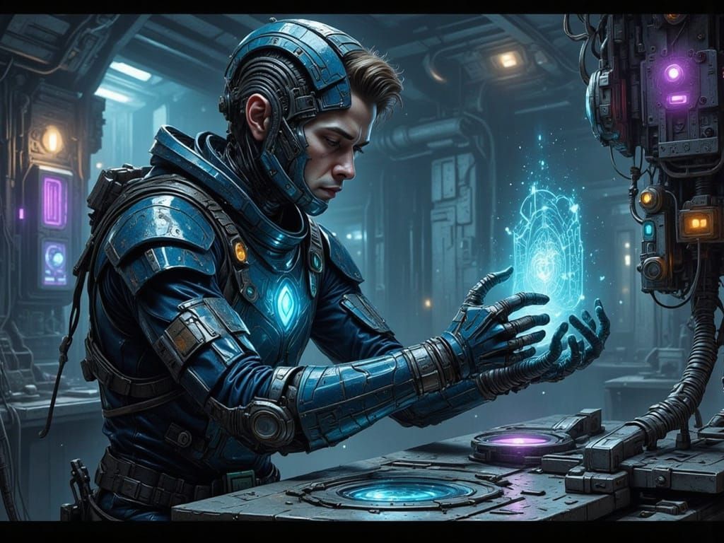 Cyborg Repairing Tech in Gritty Sci-Fi Workshop