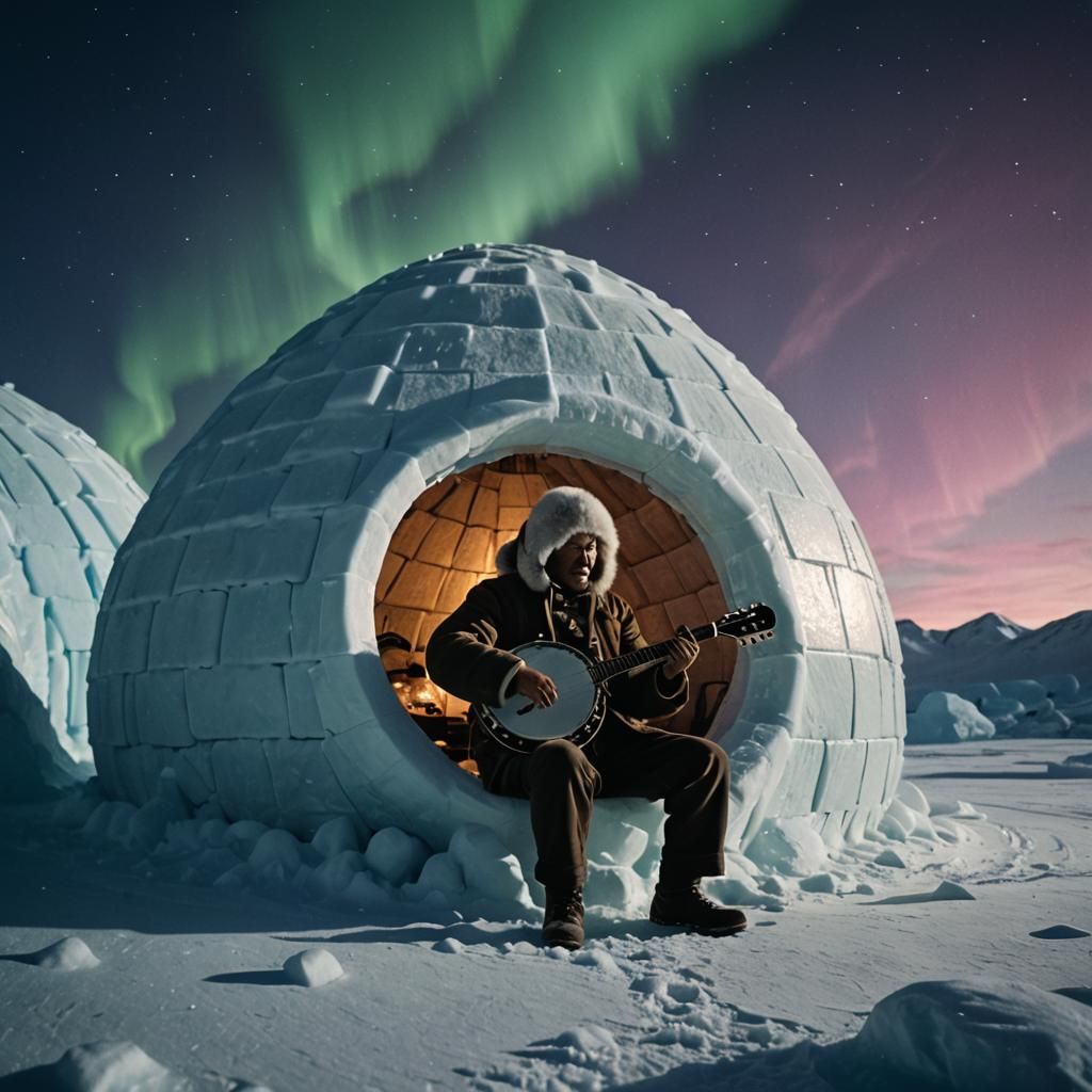 Eskimo Banjo Player Under Aurora Borealis