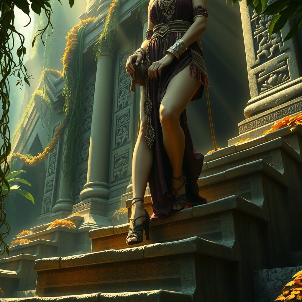 High Priestess Ascends Ancient Temple Steps