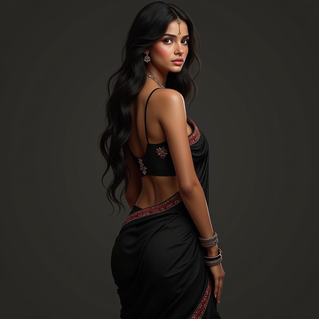 Elegant Indian Woman in Black Saree: Digital Portrait