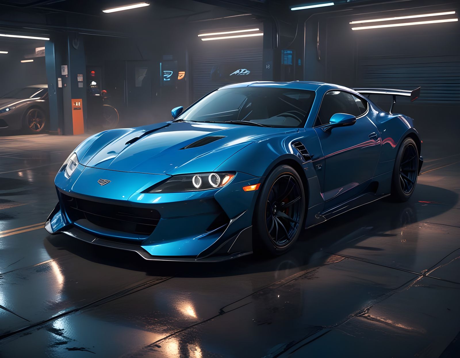 Futuristic Sports Car Under Neon Garage Lights