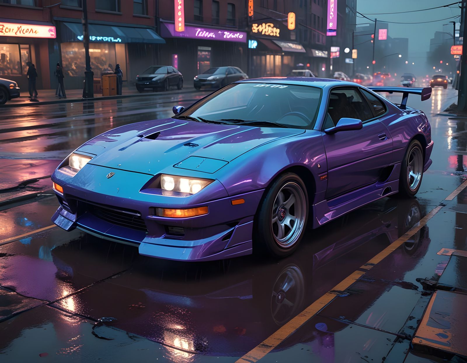 High-Performance Car on Neon-Lit City Street in Futuristic C...