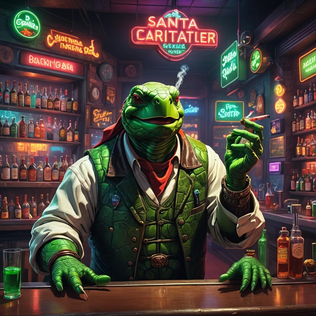 Turtle Bartender Smoking Neon Cigarette, Pixar-Inspired 3D A...