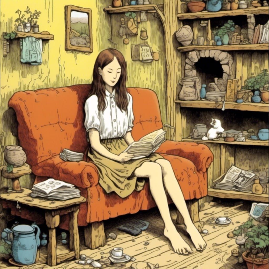 Korean Girl Reads Novel in Canyon Cabin