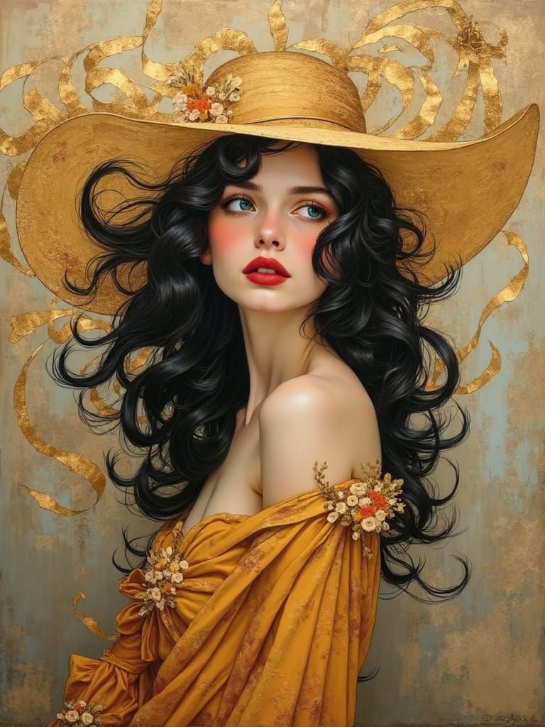 Woman in Big Hat, Art Deco Style Portrait
