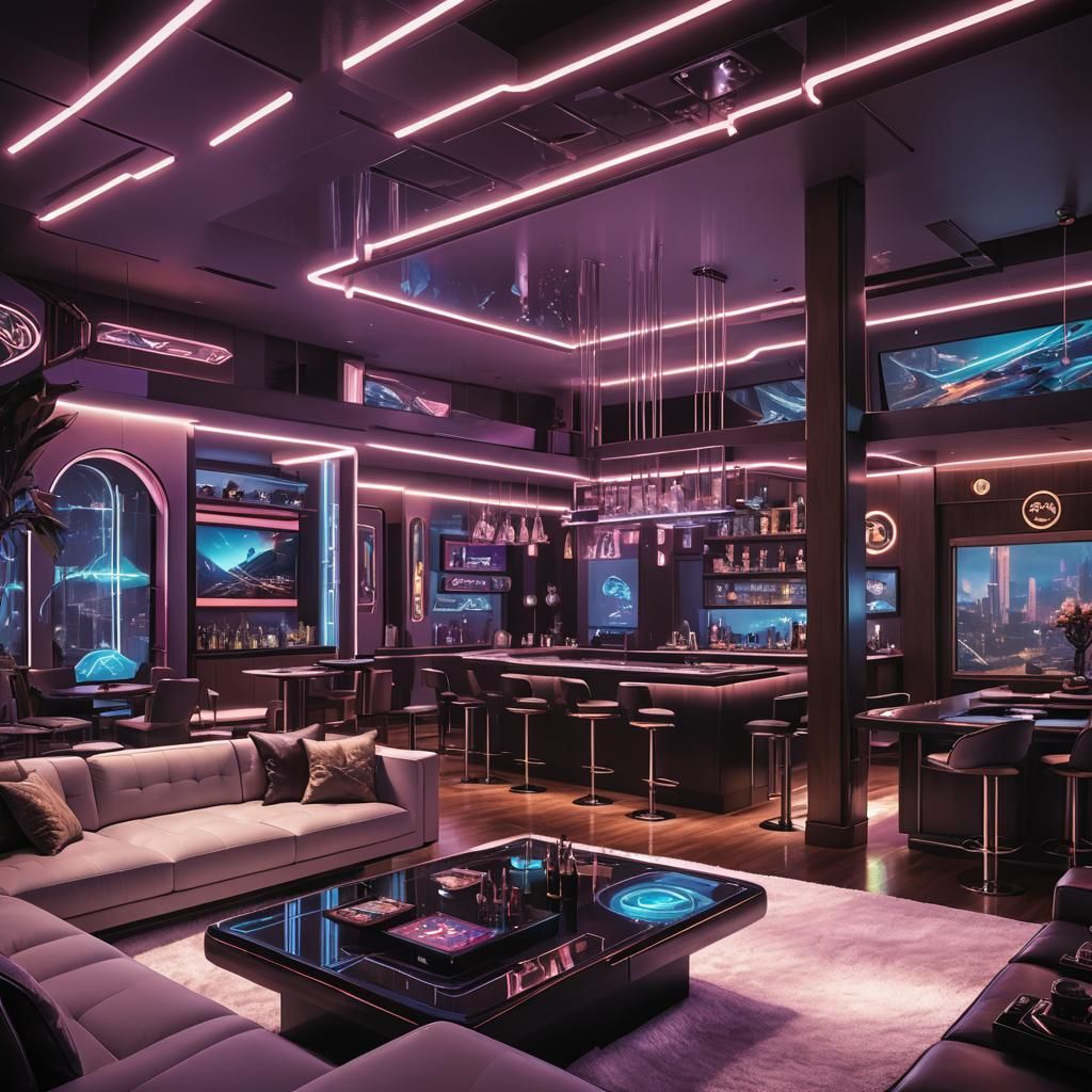 Retro-Futuristic Living Room with Neon Lights and Tech