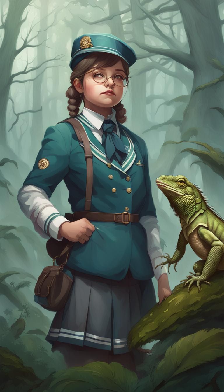 Girl and Iguana in Foggy Forest: Art Nouveau Portrait