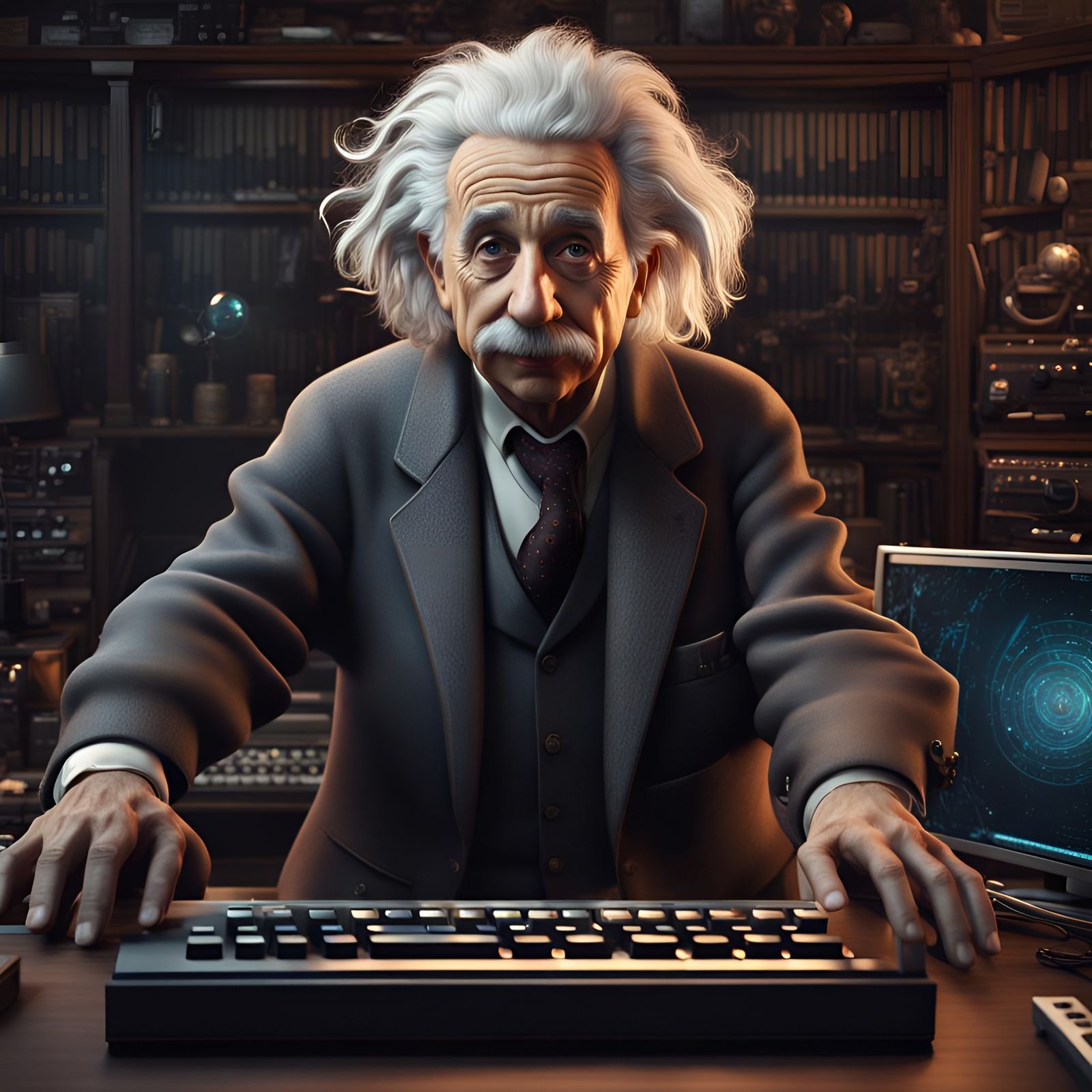 Albert Einstein at Computer: Detailed Matte Painting