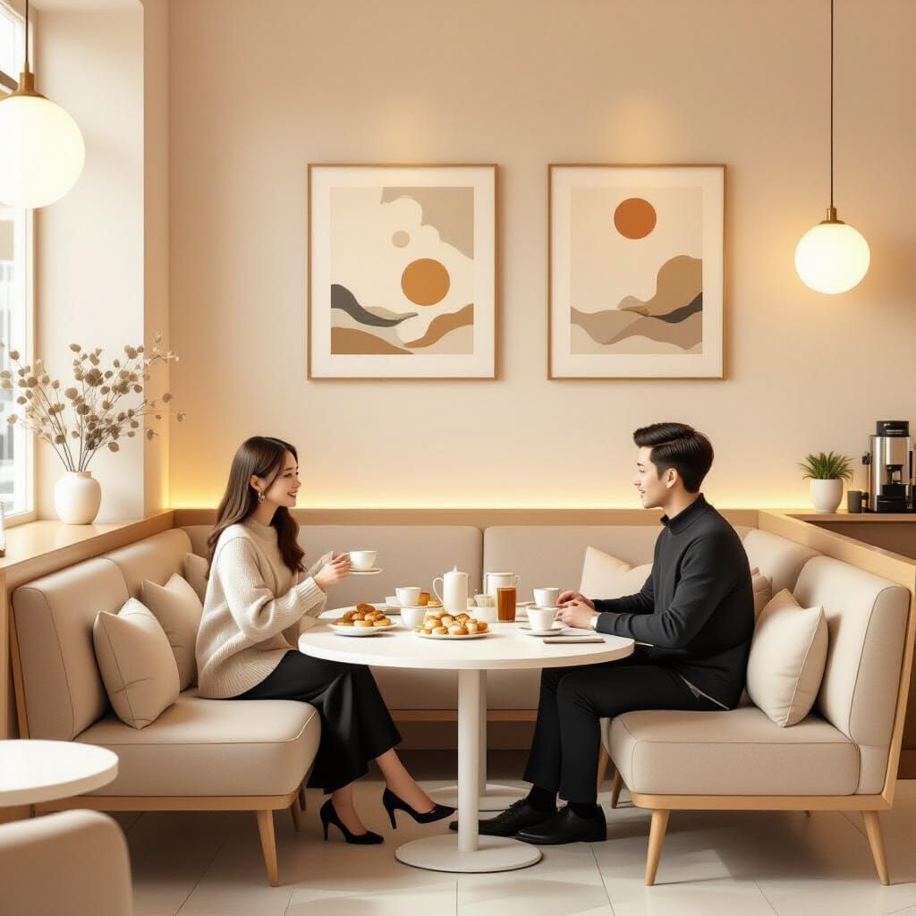 Minimalist Cafe Interior with Cozy Seating and Pastries