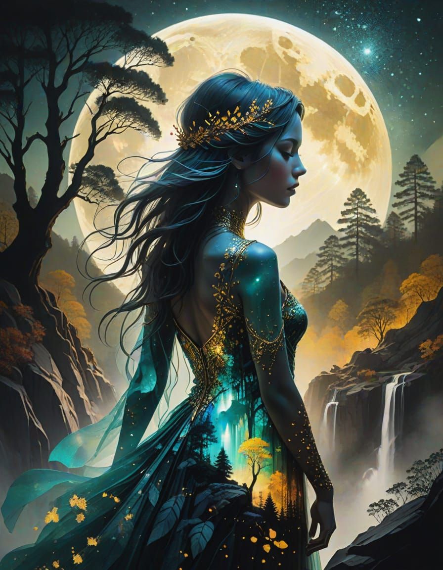 Ethereal Double Exposure: Woman and Forest in Surreal Style