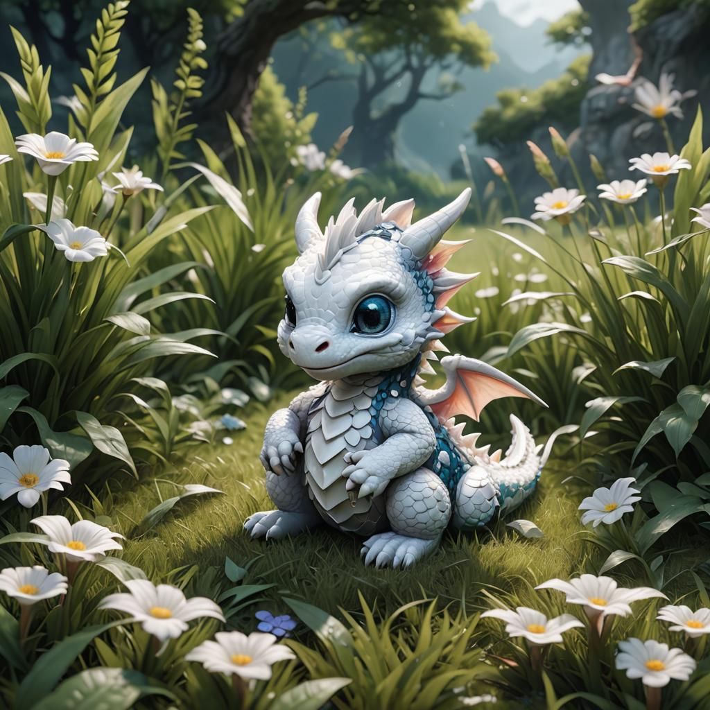 Cute White Baby Dragon on Grass, Fantasy Art
