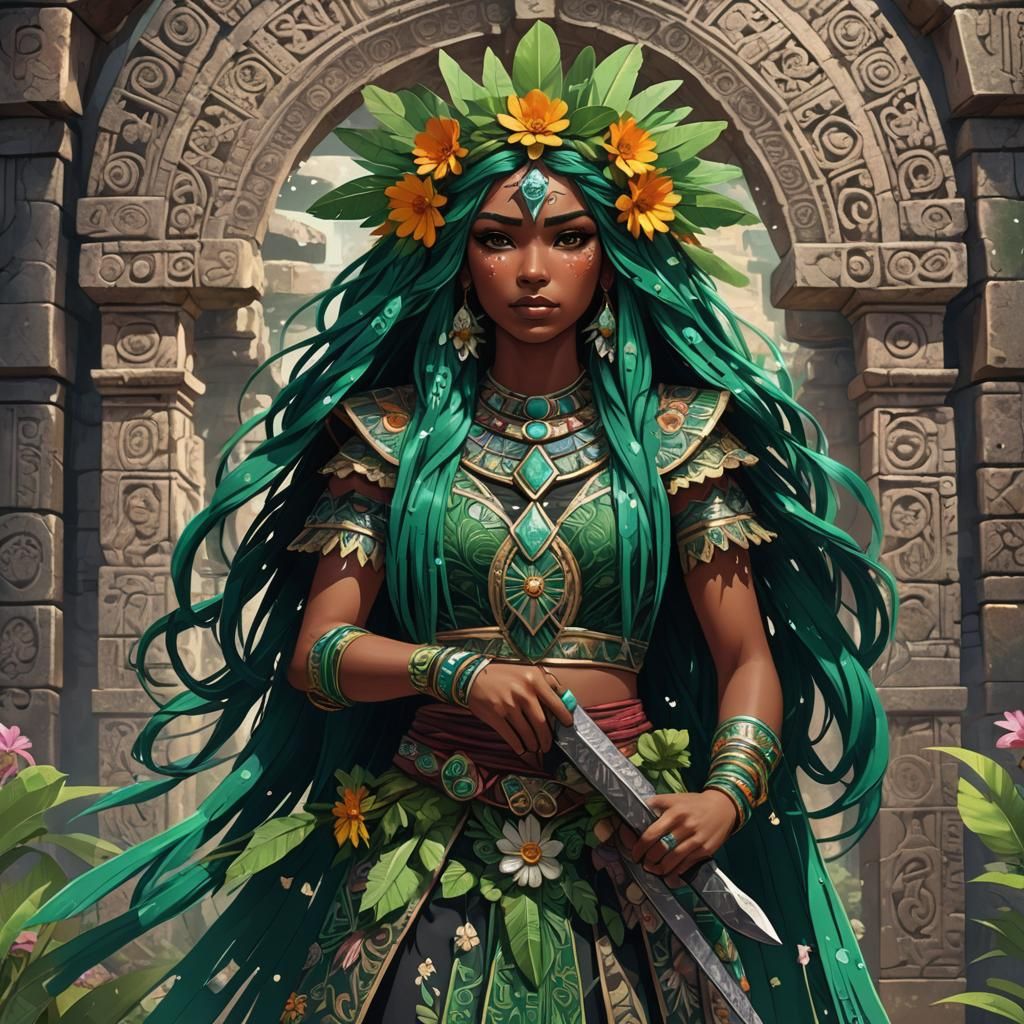 Mesoamerican Anime Girl with Obsidian Sword