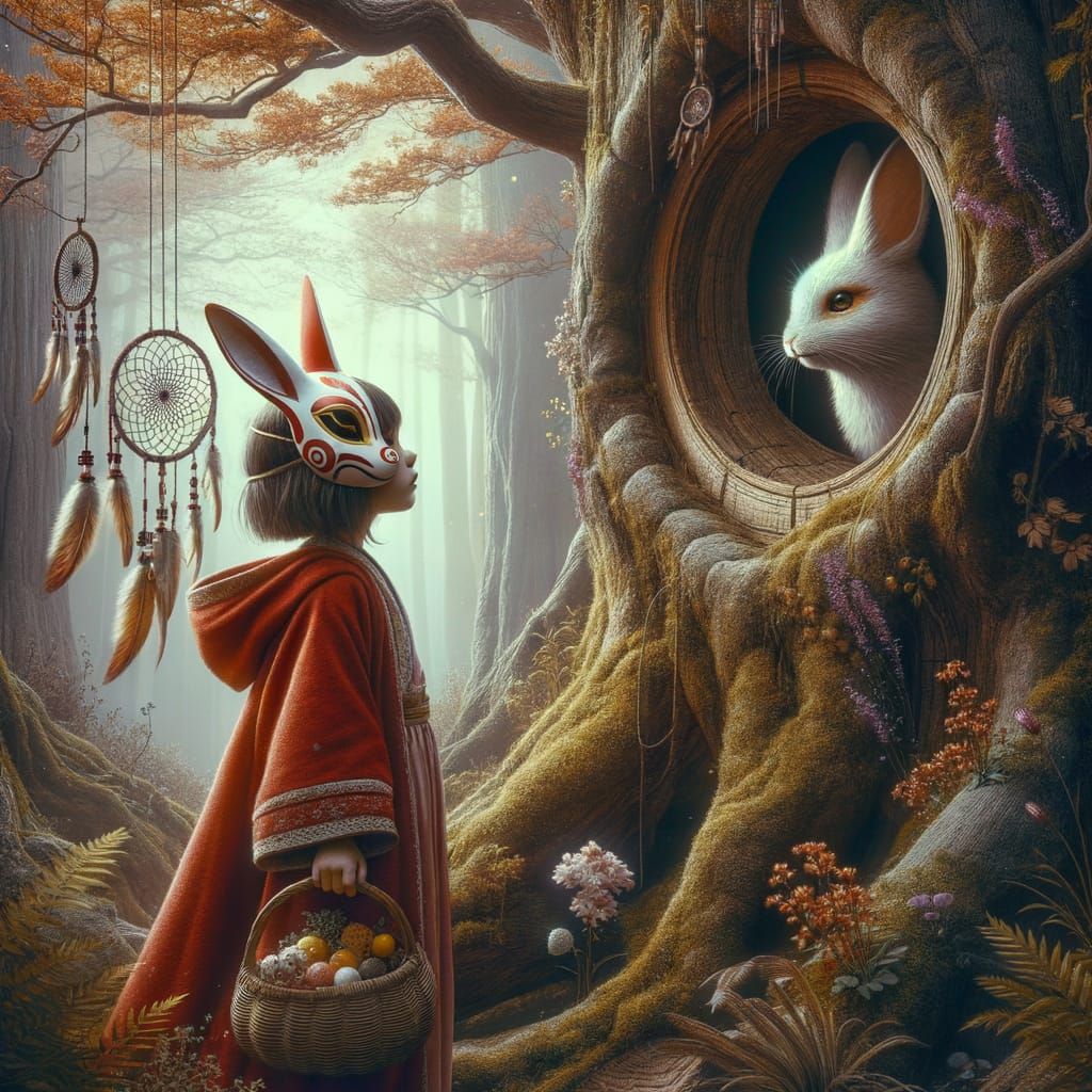 Girl with Kitsune Mask in Dreamlike Forest