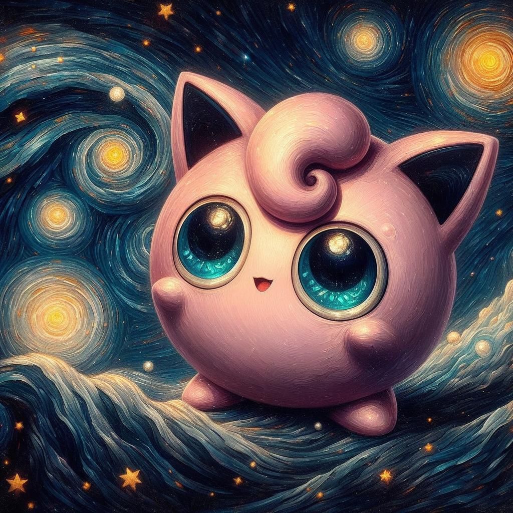 Chibi Jigglypuff in Starry Night Fantasy Illustration
