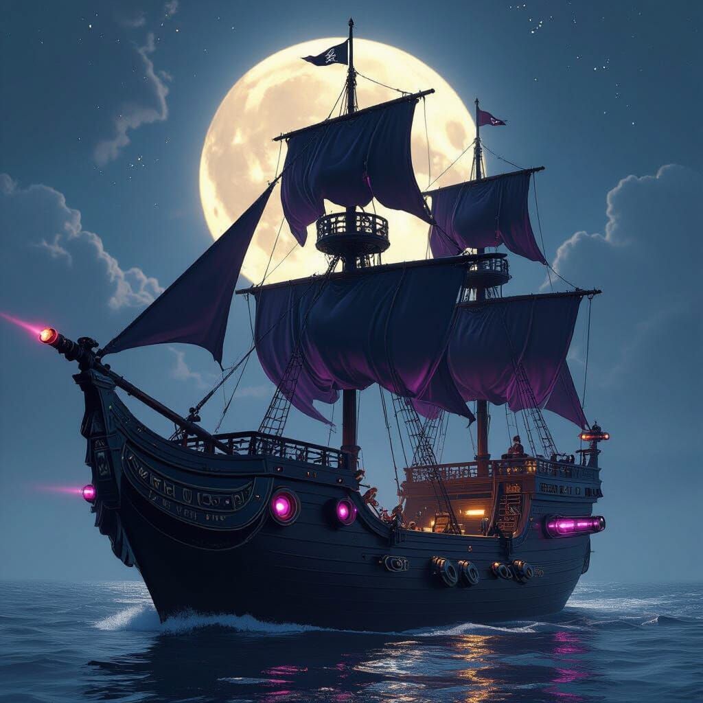 Futuristic Pirate Ship with Laser Cannons Under Moon